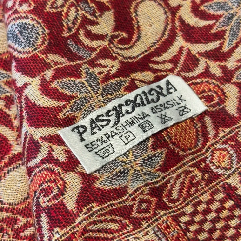Pashmina Silk Blend Paisley Floral Scarf Wrap Red Orange Fringed Tassel 76x27